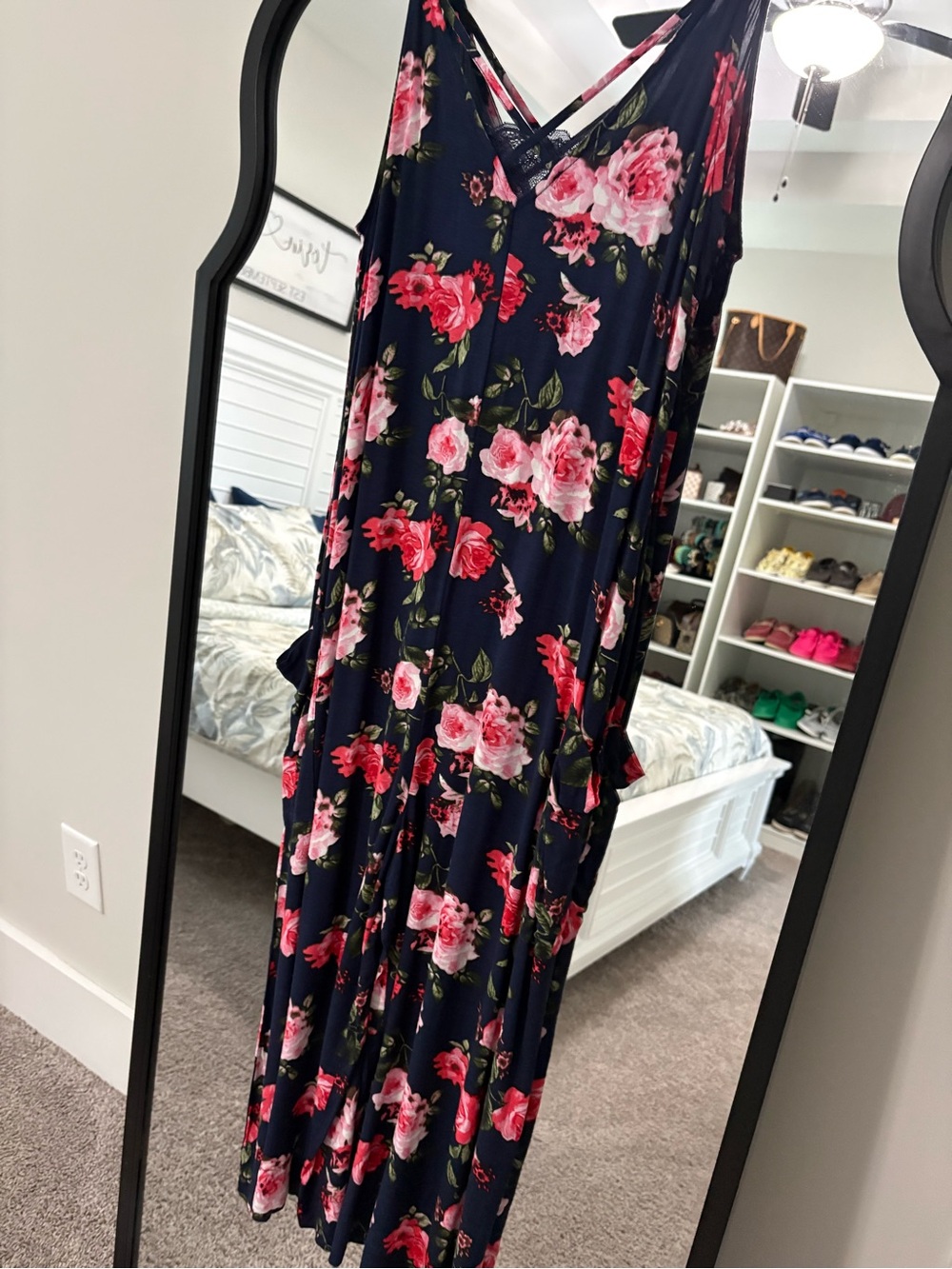Navy Floral Sleeveless midi jumpsuit with Pink Rose Print
